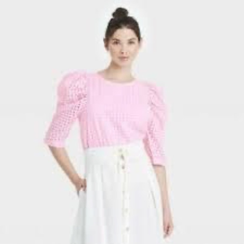 A New Day Pink Eyelet Puff Sleeve Top